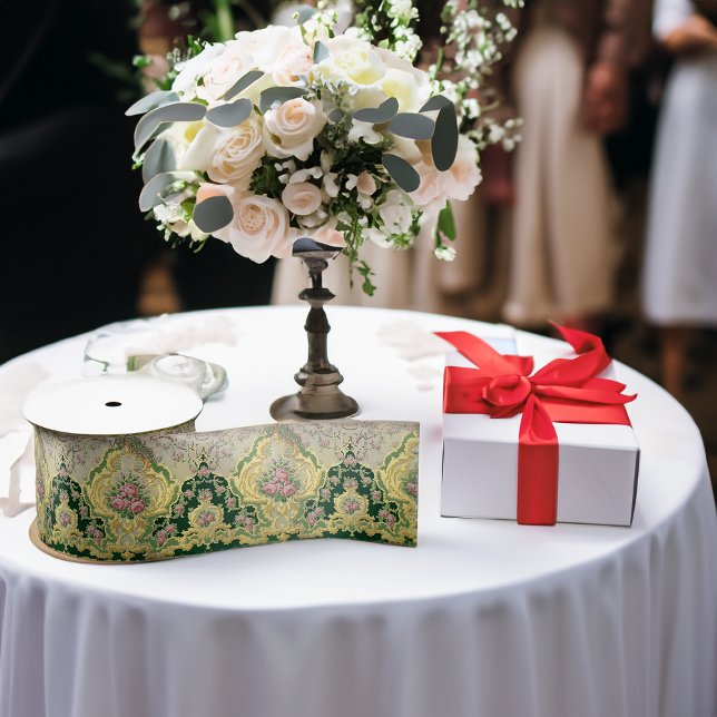 Art Nouveau Metallic Gold Pink Roses Medallion Satin Ribbon (Art Nouveau Metallic Gold Pink Roses Medallion Satin Ribbon Wedding Table With Gift Box)
