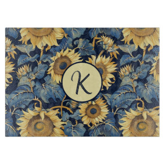 Art Nouveau Monogram Sunflower Glass Cutting Board