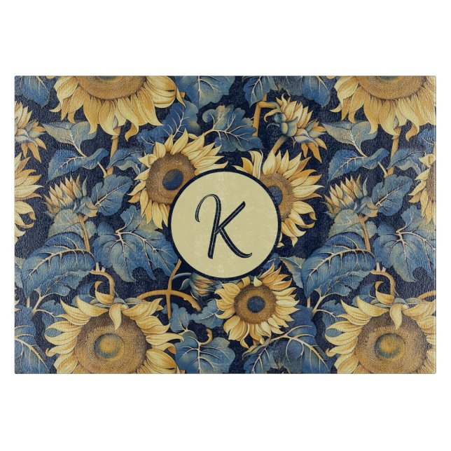 Art Nouveau Monogram Sunflower Glass Cutting Board (Front)