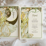 Art Nouveau Moonlit Wedding Menu Card<br><div class="desc">Capture the enchantment of a moonlit evening with this Art Nouveau-inspired wedding menu card. Featuring a graceful woman surrounded by blooming flowers and framed by a large crescent moon, this design is a stunning blend of celestial and natural beauty. With soft greens, golden yellows, and rich black contrasting against the...</div>