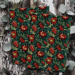 Art nouveau Morris deep red flowers pastel green Tissue Paper