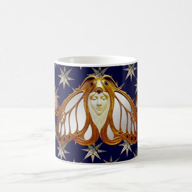 ART NOUVEAU MOTH AND DIAMOND STARS IN BLUE SKY COFFEE MUG (Center)