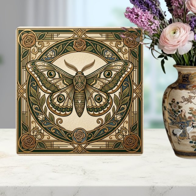 Art Nouveau Moth Green Gold Floral Ceramic Tile (Creator Uploaded)