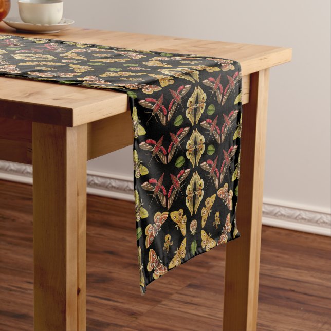 Art Nouveau Moth & Orchid folk art black Medium Table Runner (In Situ)