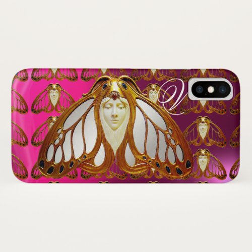 ART NOUVEAU MOTH WOMAN GEM MONOGRAM PINK PURPLE iPhone XS CASE