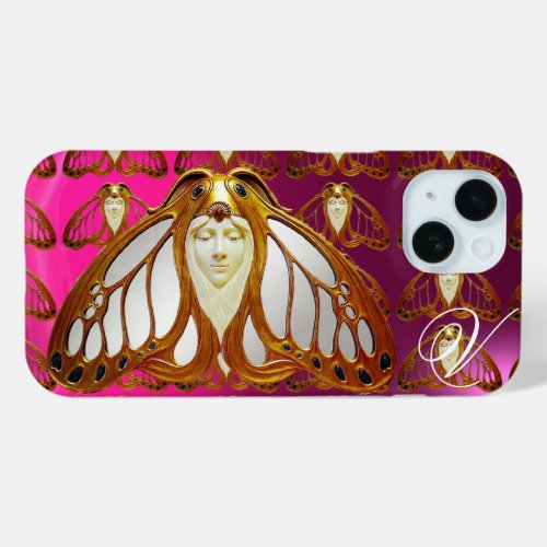 ART NOUVEAU MOTH WOMAN GEM MONOGRAM PINK PURPLE iPhone 15 CASE