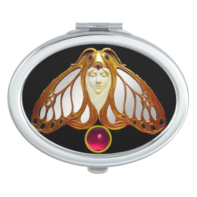 ART NOUVEAU MOTH WOMAN  PINK FUCHSIA GEM MIRROR FOR MAKEUP (Front)