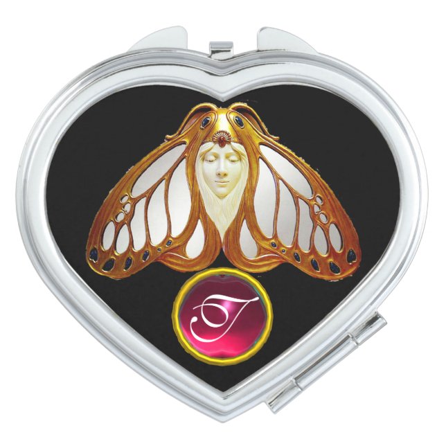 ART NOUVEAU MOTH WOMAN  PINK FUCHSIA GEM MONOGRAM COMPACT MIRROR (Front)