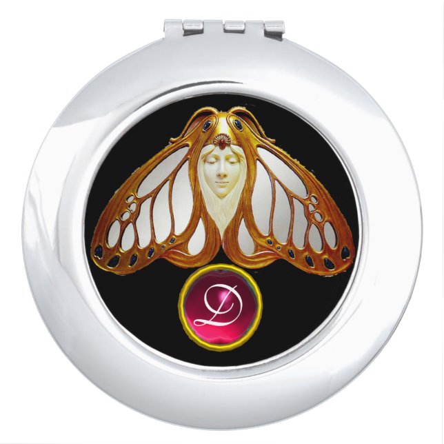 ART NOUVEAU MOTH WOMAN  PINK FUCHSIA GEM MONOGRAM MIRROR FOR MAKEUP (Front)