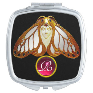 ART NOUVEAU MOTH WOMAN PINK FUCHSIA GEM MONOGRAM VANITY MIRROR