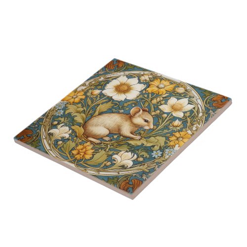 Art nouveau mouse and flowers ceramic tile