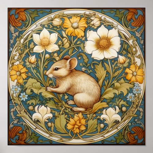 Art nouveau mouse and flowers poster