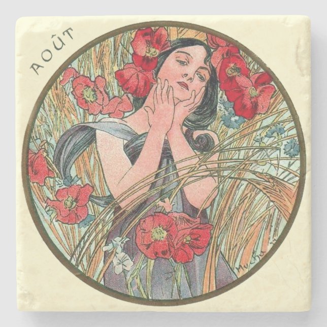 Art Nouveau Mucha Calendar August Stone Coaster (Front)