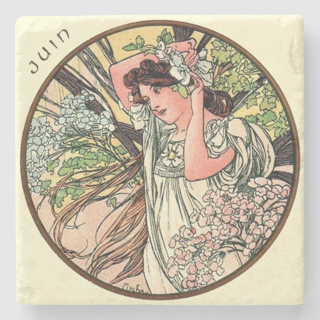 Art Nouveau Mucha Calendar June Stone Coaster (Front)