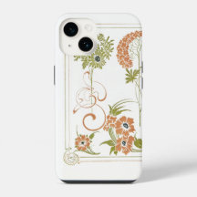 Art nouveau Mucha floral abstract art peach green