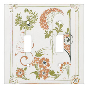 Art nouveau Mucha floral abstract art peach green Light Switch Cover