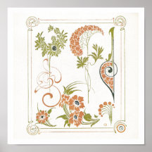 Art nouveau Mucha floral abstract art peach green
