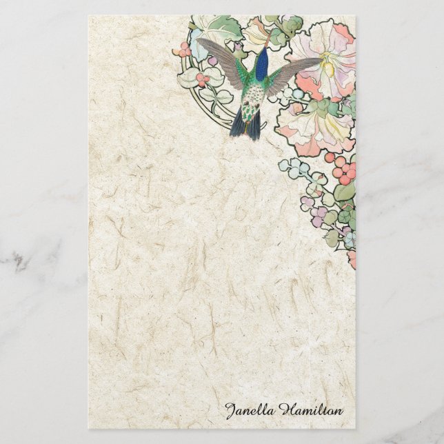 Art Nouveau Mucha Flowers Hummingbird Stationery (Front)