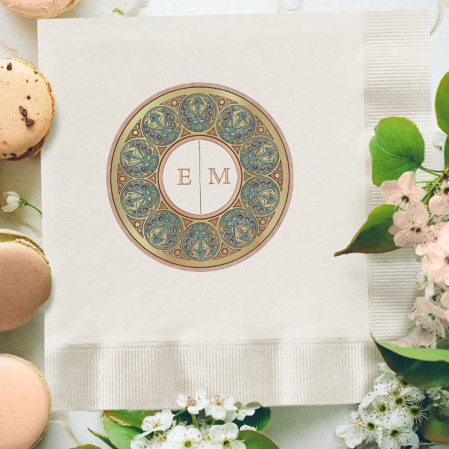 Art Nouveau Mucha Monogram Initials Champagne Gold Napkins (Creator Uploaded)