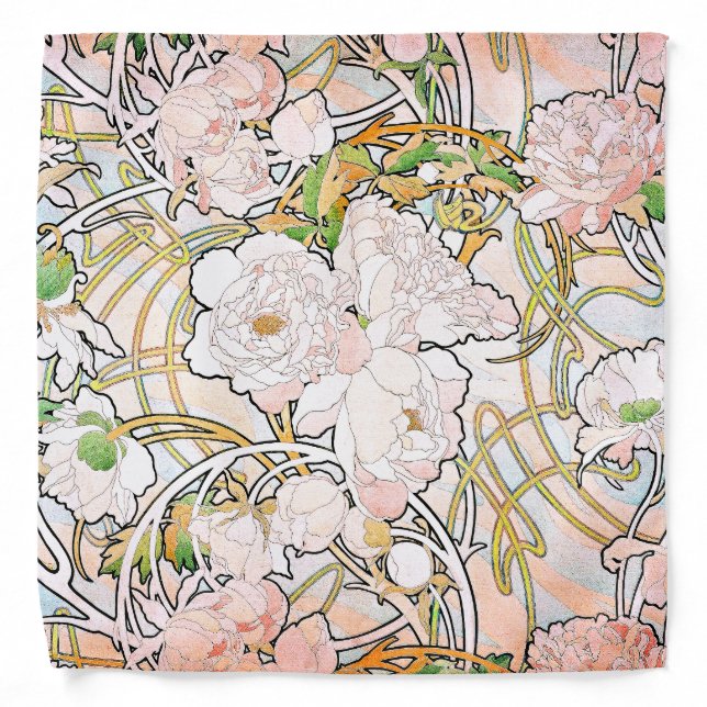 Art Nouveau Mucha Peony Flowers Floral Bandana (Front)