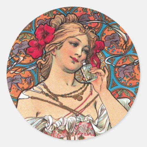 Art Nouveau _ Mucha _ Perfume Ad Classic Round Sticker