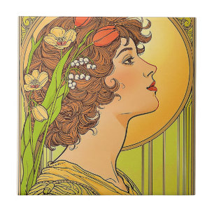 Art -nouveau Muse with spring flowers Ceramic Tile