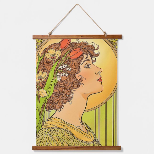  Art -nouveau  Muse  with spring  flowers Hanging Tapestry (Front)