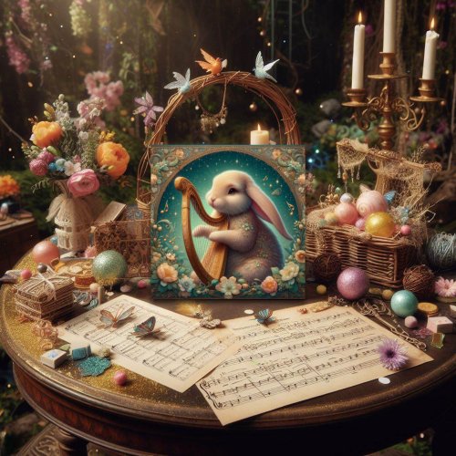 Art Nouveau Musician Bunny Harp Easter  Holiday Card