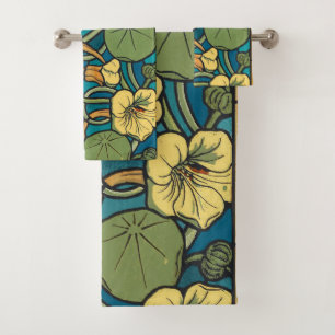 Art Nouveau Nasturtium Blue Gold floral Verneuil Bath Towel Set