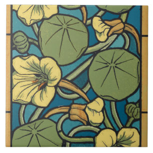 Art Nouveau Nasturtium Blue Gold floral Verneuil  Ceramic Tile