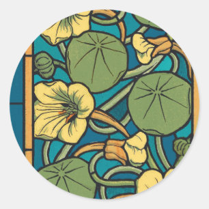Art Nouveau Nasturtium Blue Gold floral Verneuil Classic Round Sticker