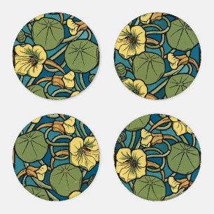 Art Nouveau Nasturtium Blue Gold floral Verneuil  Coaster Set