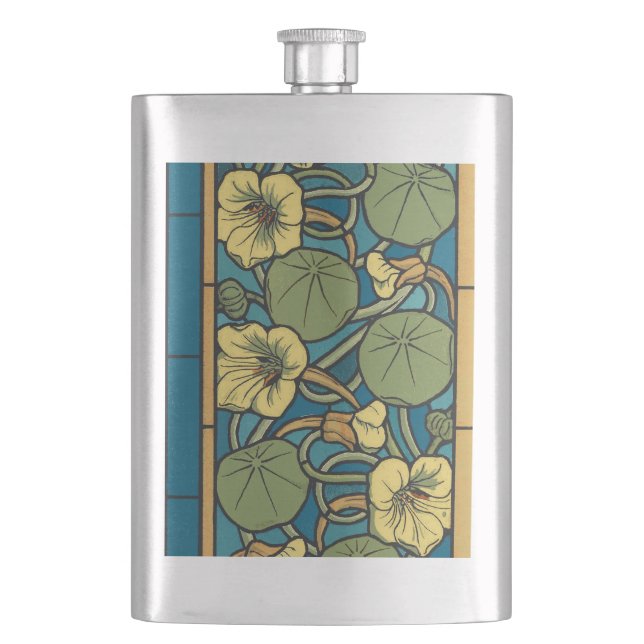 Art Nouveau Nasturtium Blue Gold floral Verneuil  Hip Flask (Front)