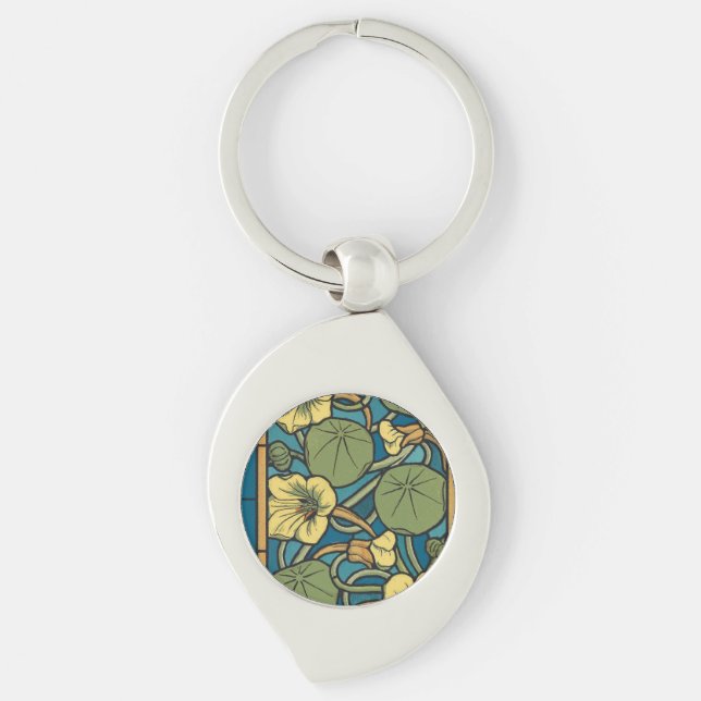 Art Nouveau Nasturtium Blue Gold floral Verneuil  Keychain (Front)