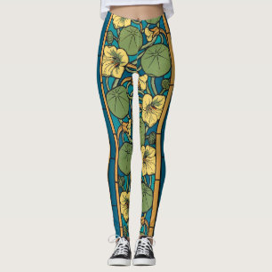 Art Nouveau Nasturtium Blue Gold floral Verneuil Leggings