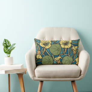 Art Nouveau Nasturtium Blue Gold floral Verneuil Lumbar Pillow
