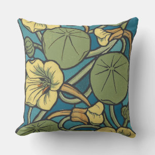 Art Nouveau Nasturtium Blue Gold floral Verneuil  Outdoor Pillow