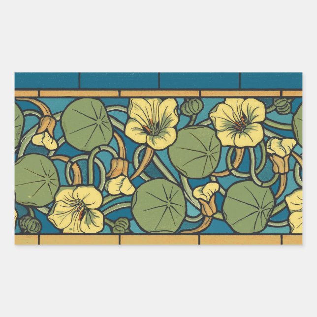 Art Nouveau Nasturtium Blue Gold floral Verneuil  Rectangular Sticker (Front)