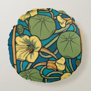 Art Nouveau Nasturtium Blue Gold floral Verneuil Round Pillow
