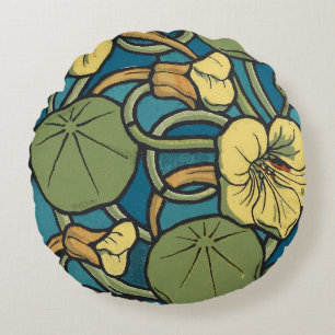 Art Nouveau Nasturtium Blue Gold floral Verneuil Round Pillow