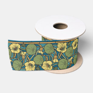 Art Nouveau Nasturtium Blue Gold floral Verneuil  Satin Ribbon
