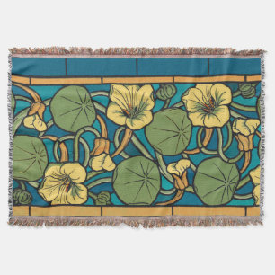 Art Nouveau Nasturtium Blue Gold floral Verneuil Throw Blanket