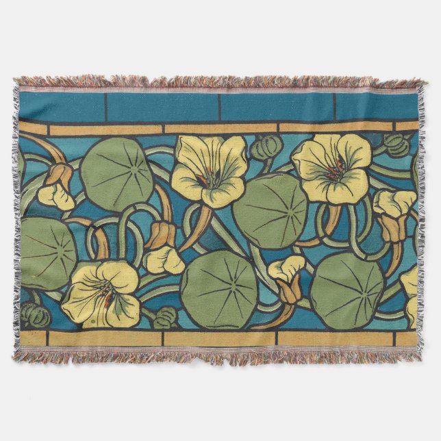 Art Nouveau Nasturtium Blue Gold floral Verneuil  Throw Blanket (Front)