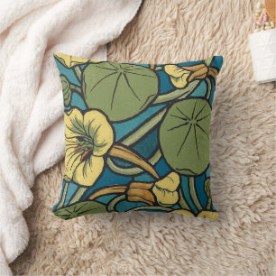 Art Nouveau Nasturtium Blue Gold floral Verneuil Throw Pillow