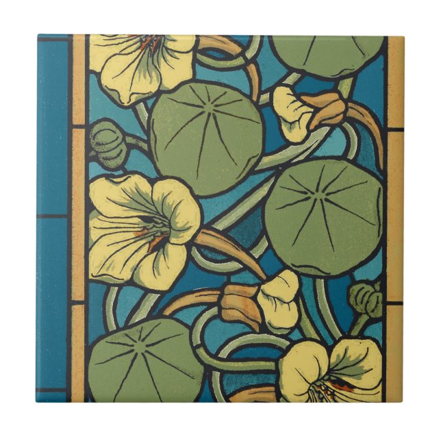 Art Nouveau Nasturtium Blue Gold floral Verneuil  Tile (Front)
