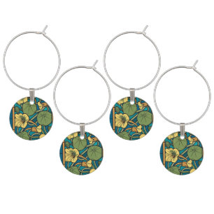 Art Nouveau Nasturtium Blue Gold floral Verneuil  Wine Glass Charm