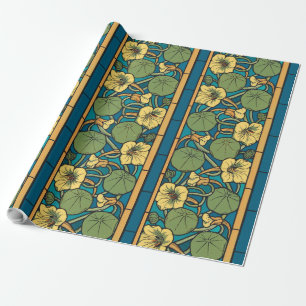 Art Nouveau Nasturtium Blue Gold floral Verneuil  Wrapping Paper