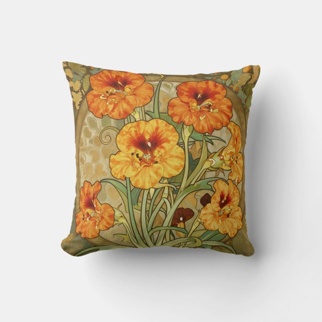 Art Nouveau Nasturtium Floral Pattern Throw Pillow (Front)