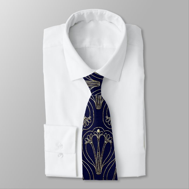 Art Nouveau Navy Blue and Gold Neck Tie (Tied)