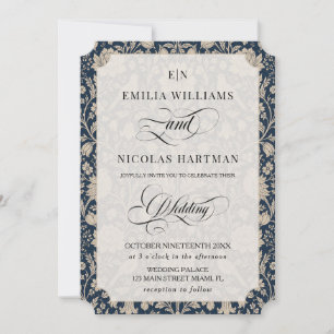 Art Nouveau Navy Blue Wedding Invitation